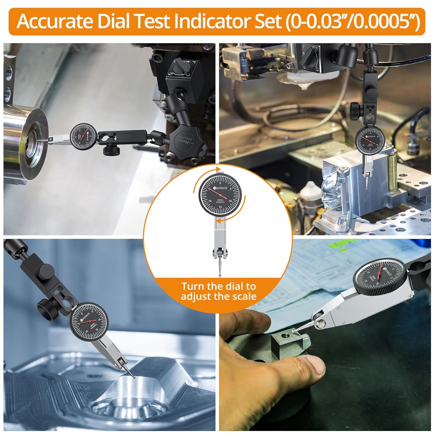 Neoteck Dial Test Indicator with Magnetic Base Stand and Storage Case, 0-0.03/0.0005 Test Indicator Set with 2 Steel Dovetail Clamps 3/8'' and 5/32'' for Machine Set-Up-Black