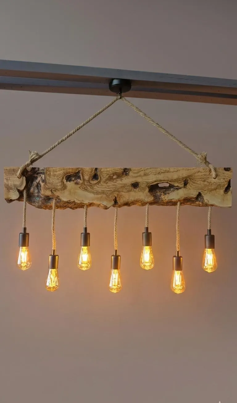 Olive Wood Rustic Light Fixture, Farmhouse Wooden Live Edge Chandelier For Dinign Room, Unique Ceiling Light For Dining Table and Kitchen