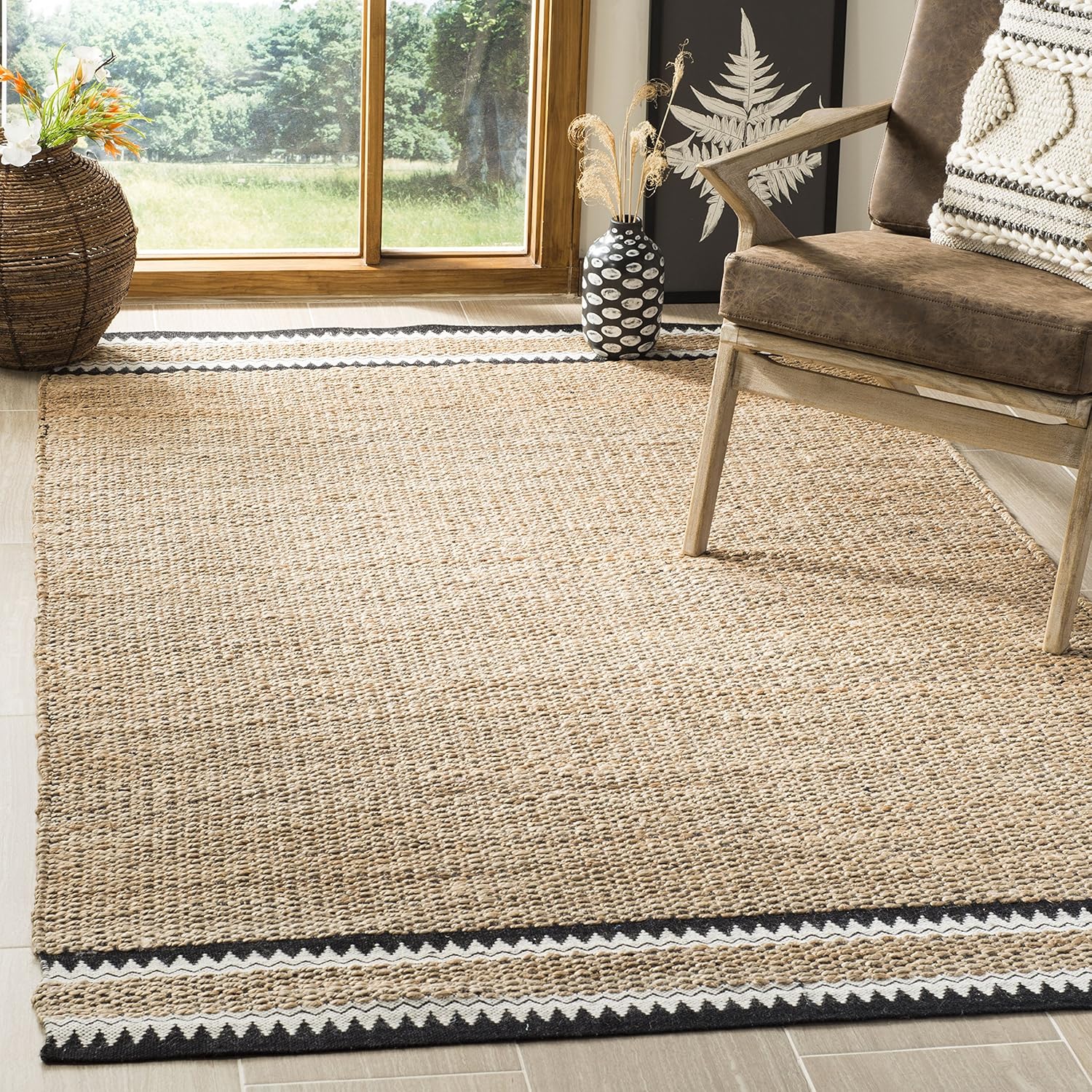 SAFAVIEH Natural Fiber Collection Area Rug - 9' x 12', Natural & Black, Handmade Farmhouse Boho Coastal Rustic Jute, Ideal for High Traffic Areas in Living Room, Bedroom (NF874B)