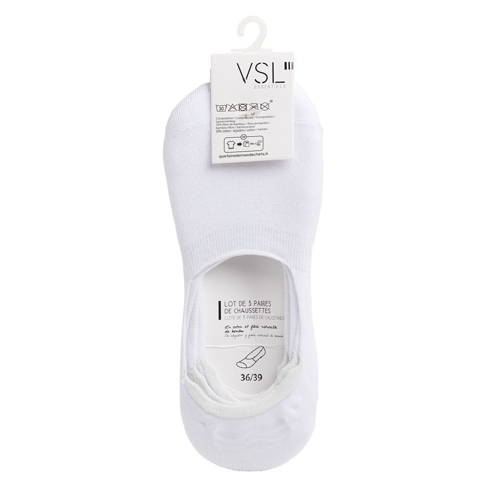 Paire de socquettes fibre de bambou et coton noir ou blanc x3