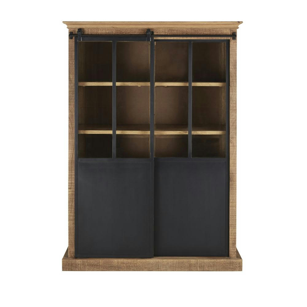 Germain - Armoire 2 portes coulissantes en manguier massif et métal noir