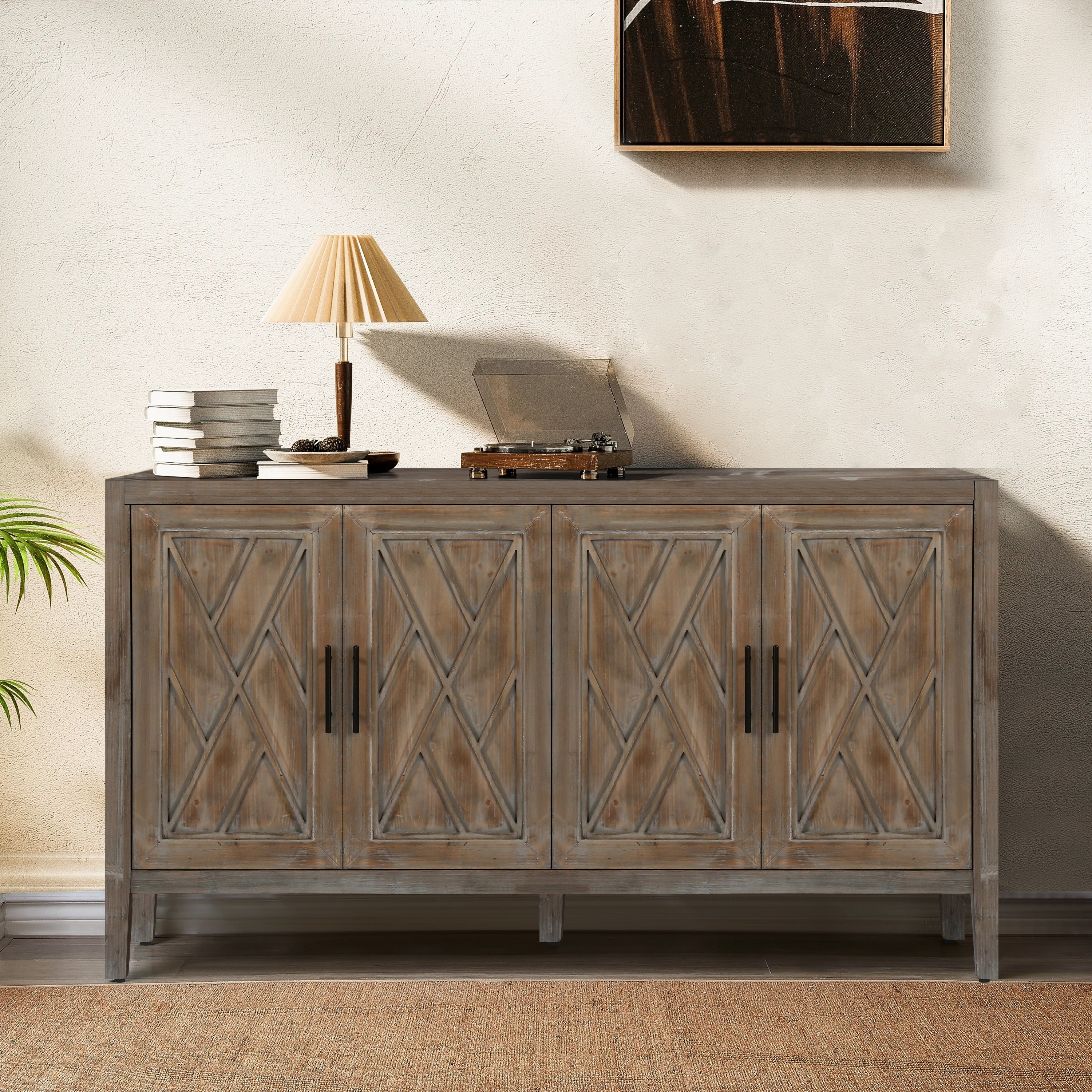 60 Modern Farmhouse Accent Cabinet with 4 Doors & Adjustable Shelf
