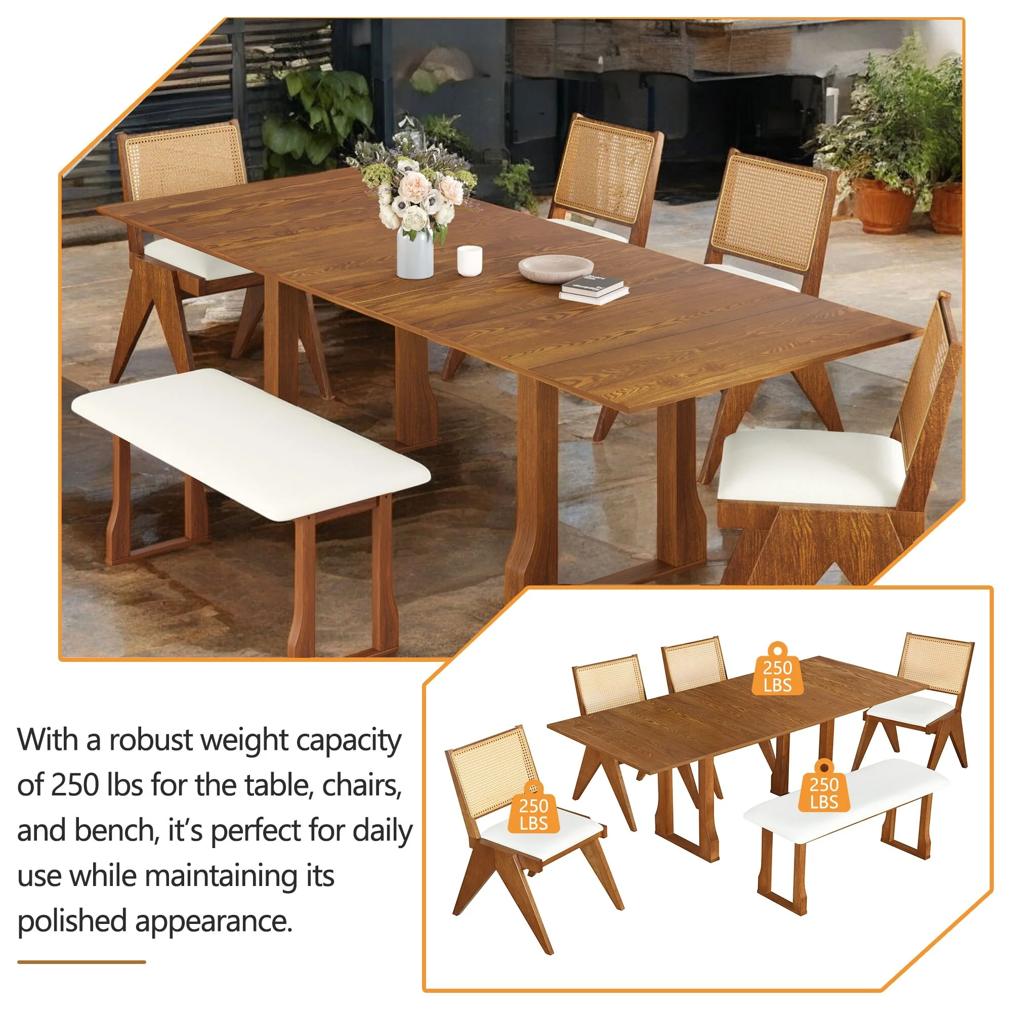 Modern 6-Piece Extendable Dining Table Set with Wicker Back Chairs & Bench, Removable Leaves, Rubberwood, Farmhouse Style