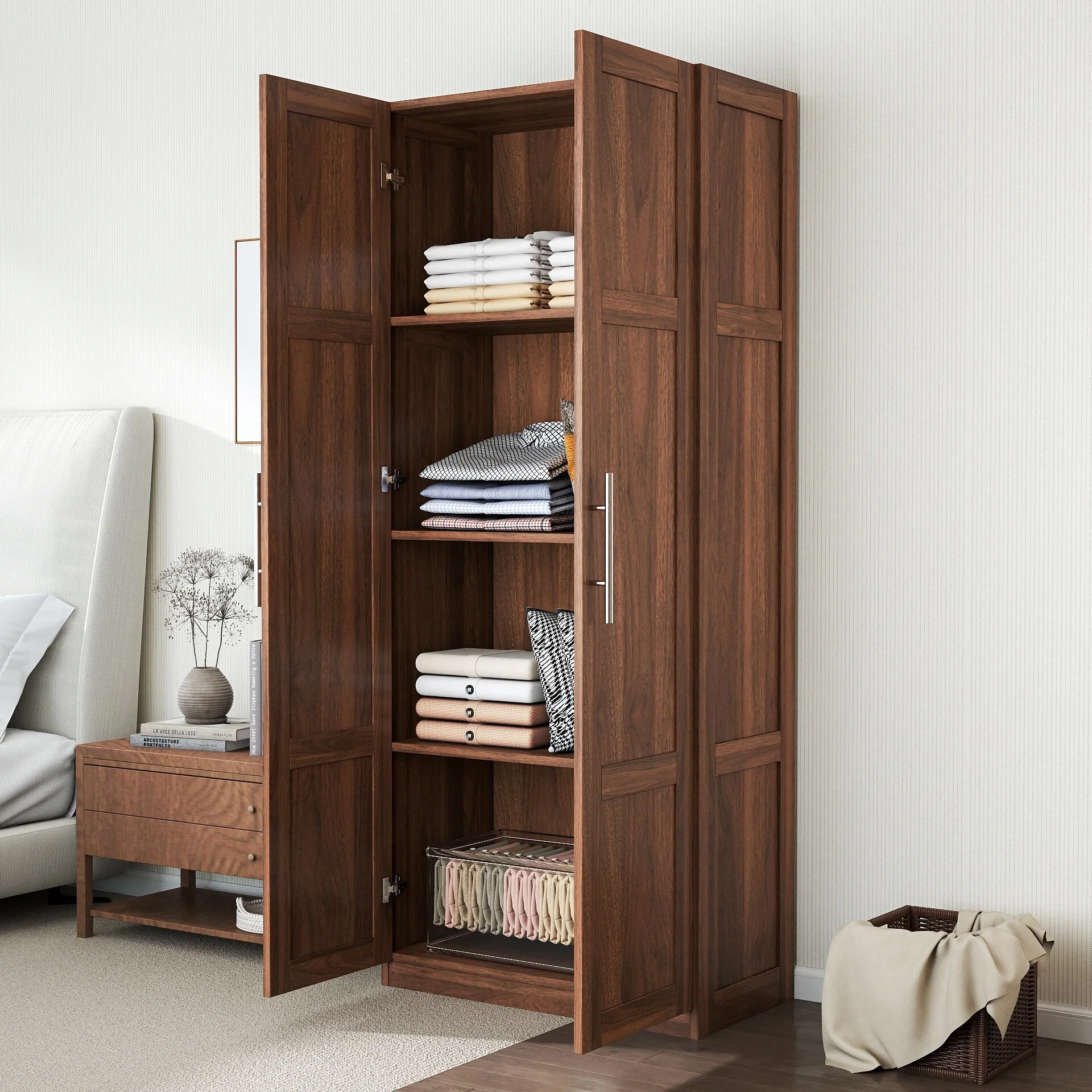 High wardrobe and kitchen cabinet with 2 doors and 3 partitions to separate 4 storage spaces