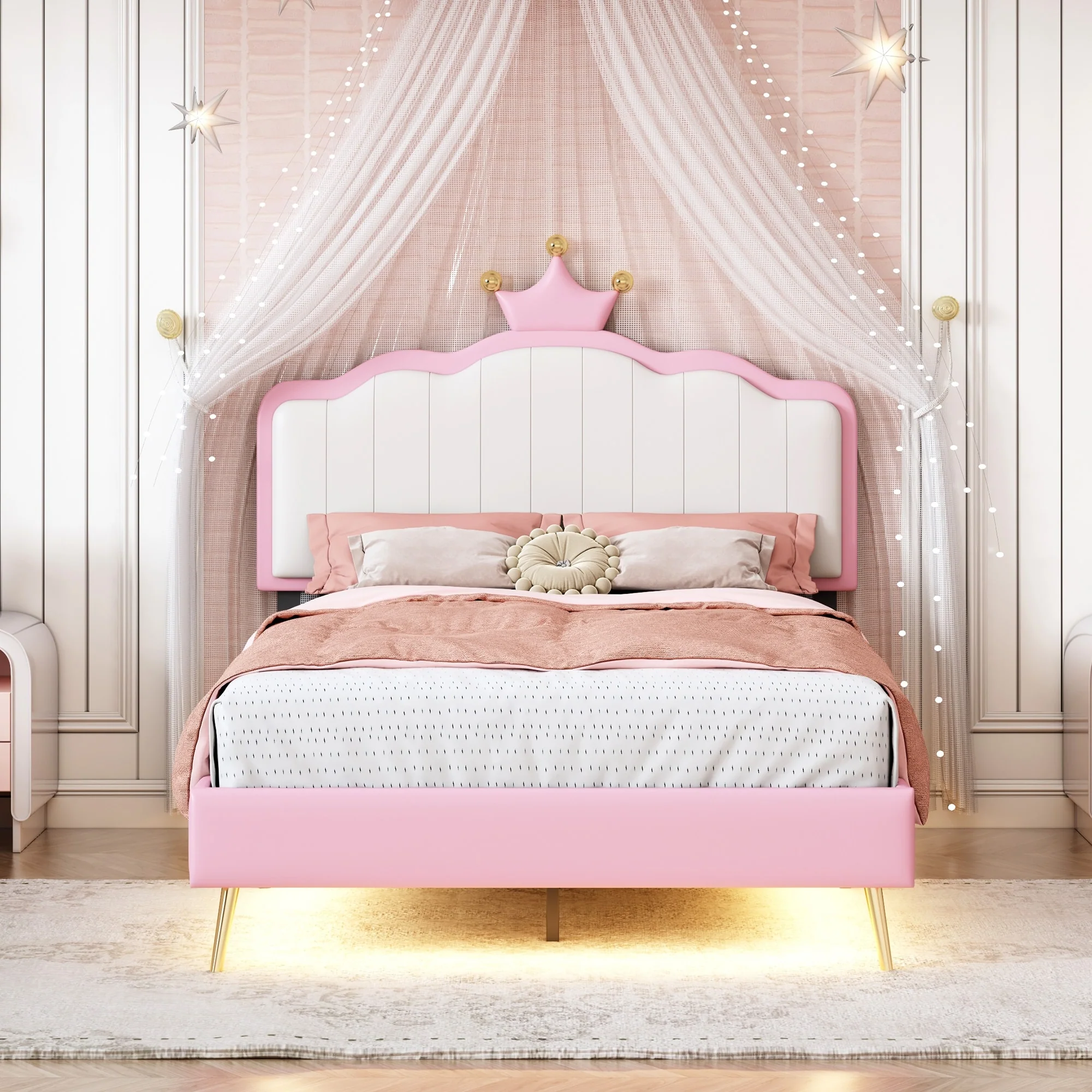 Cute Twin Platform Bed with Crown Headboard and Under-Bed LED Light Strip
