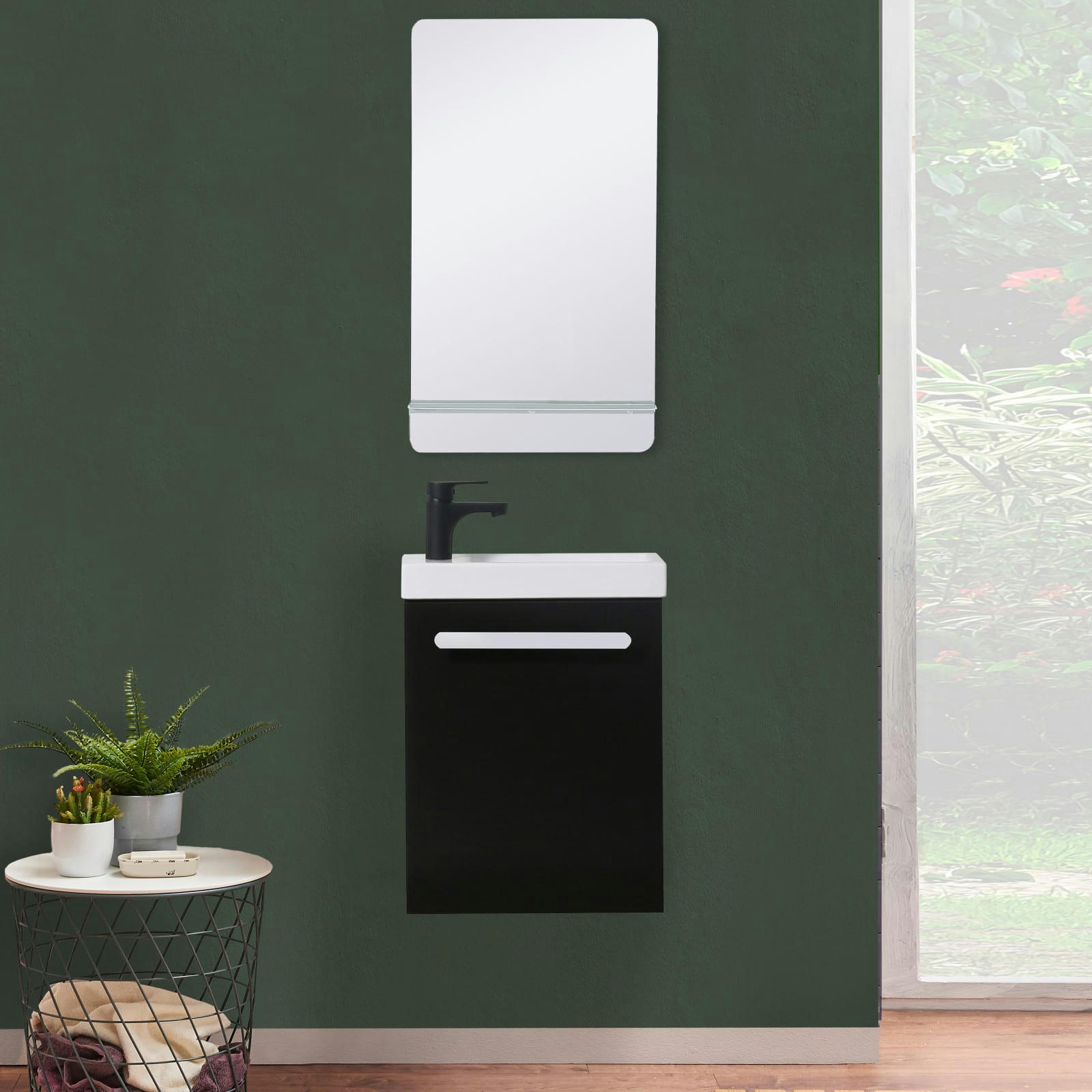 NEVADA - Meuble lave-mains  Noir carbone + robinet noir+miroir tablette blanche