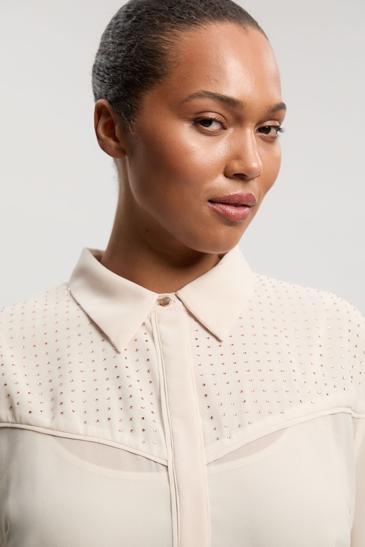 KarenMillen Plus Size Hotfix Studded Long Sleeve Woven Shirt
