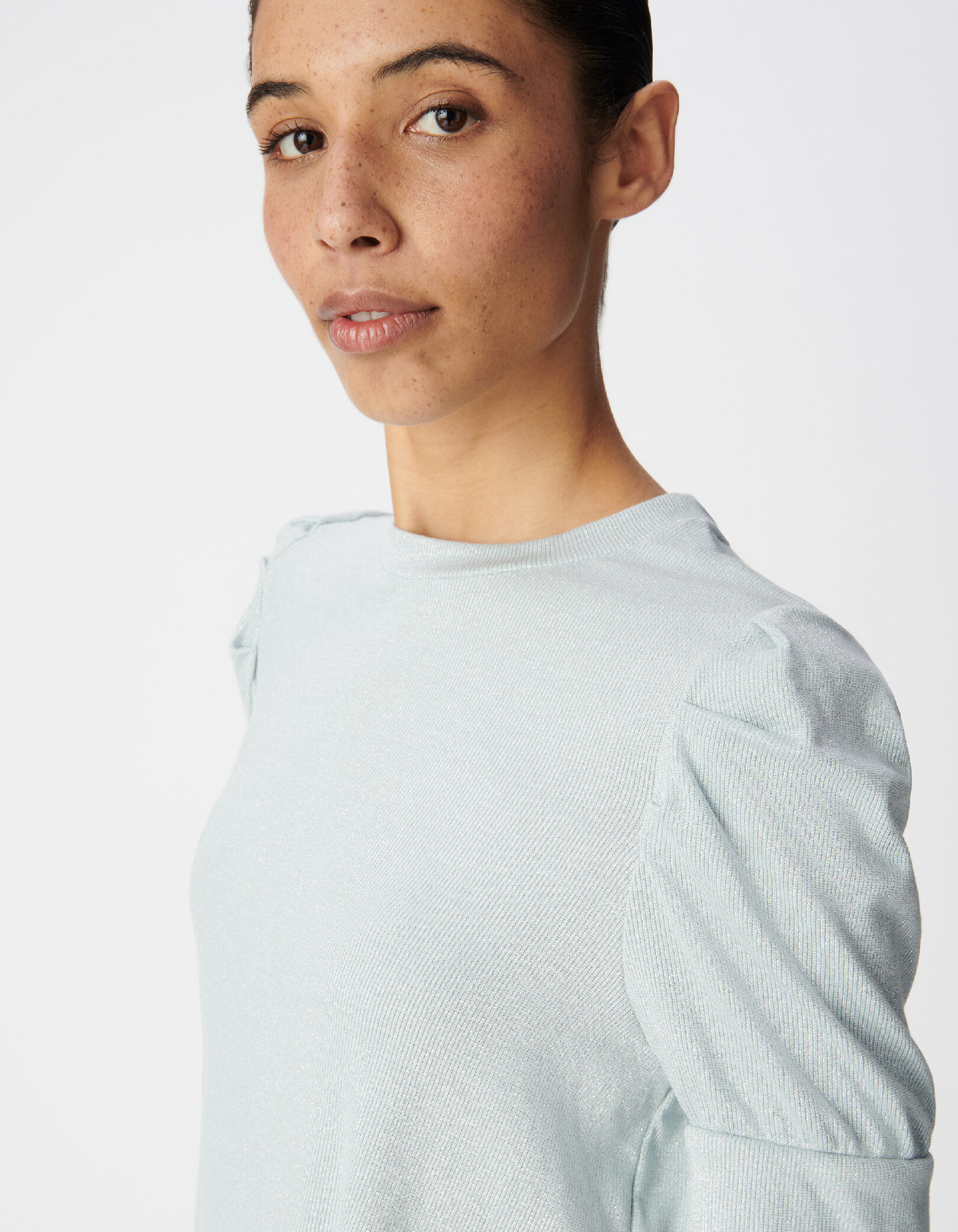 Tee-shirt col rond vert pailleté manches froncées Femme