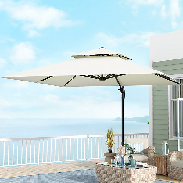 Parasol déporté carré double toit inclinable pivotant manivelle lestage inclus acier polyester écru