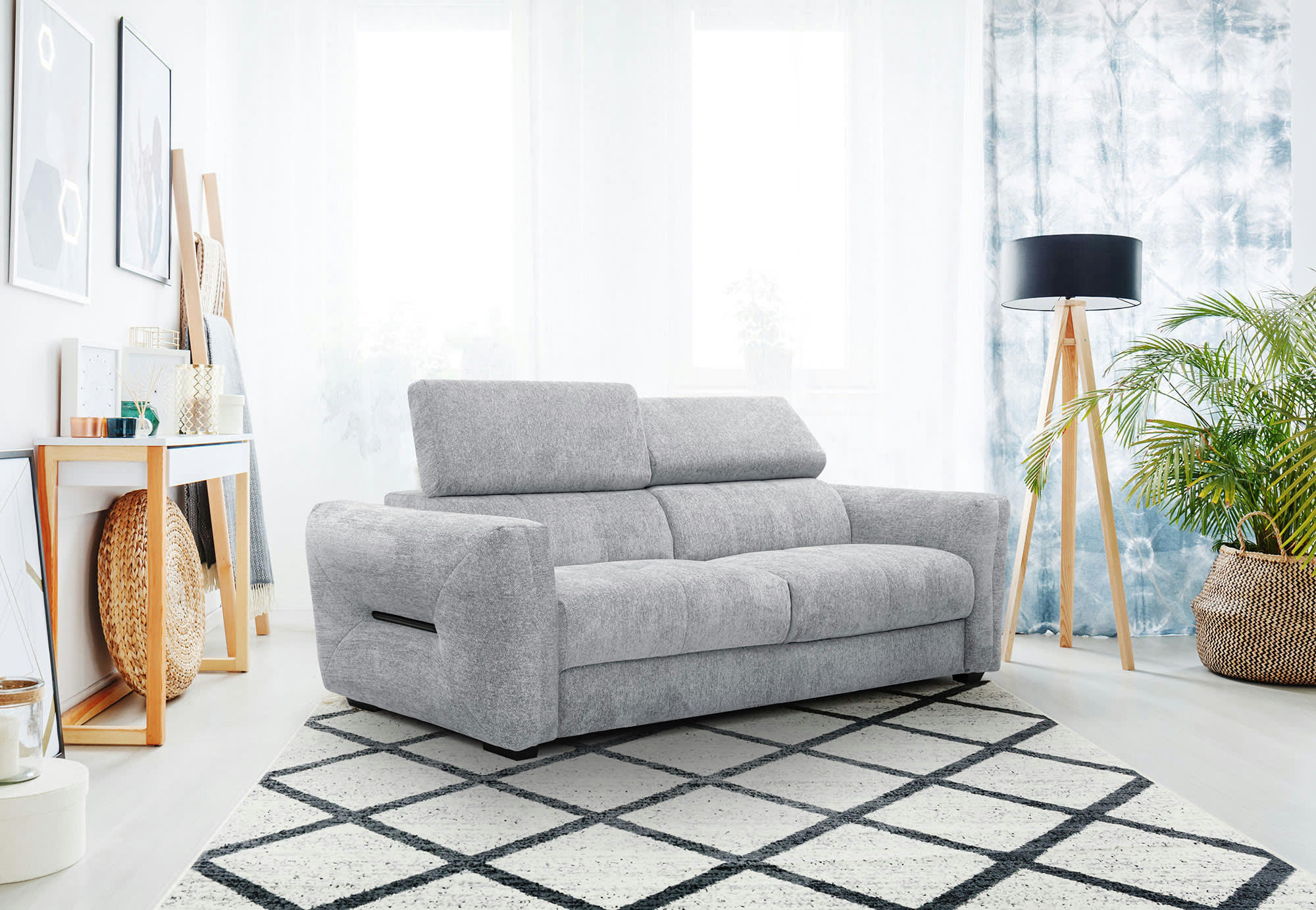 CALVERA - Canapé droit 3 places XXL tissu gris clair