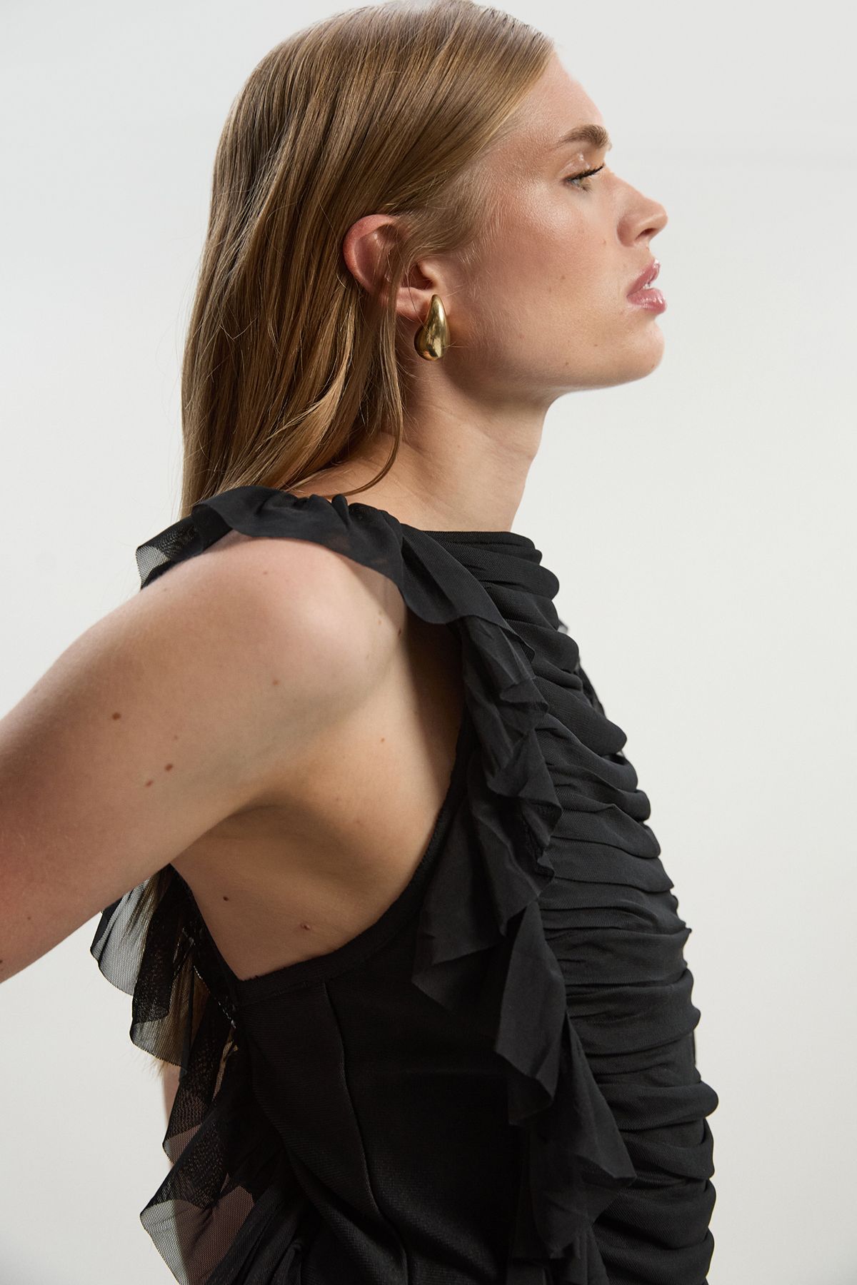 KarenMillen Bandage Mesh Gathered Ruffle Knit Top