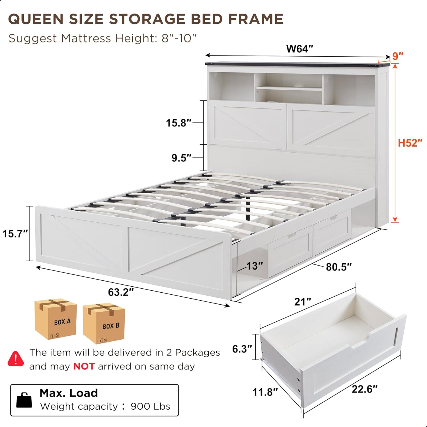 ACCOHOHO Queen Bed Frame Farmhouse with 52 Storage Bookcase Headboard, 4 Drawers Wooden Bed Frame, LED Light, Charging Station - White