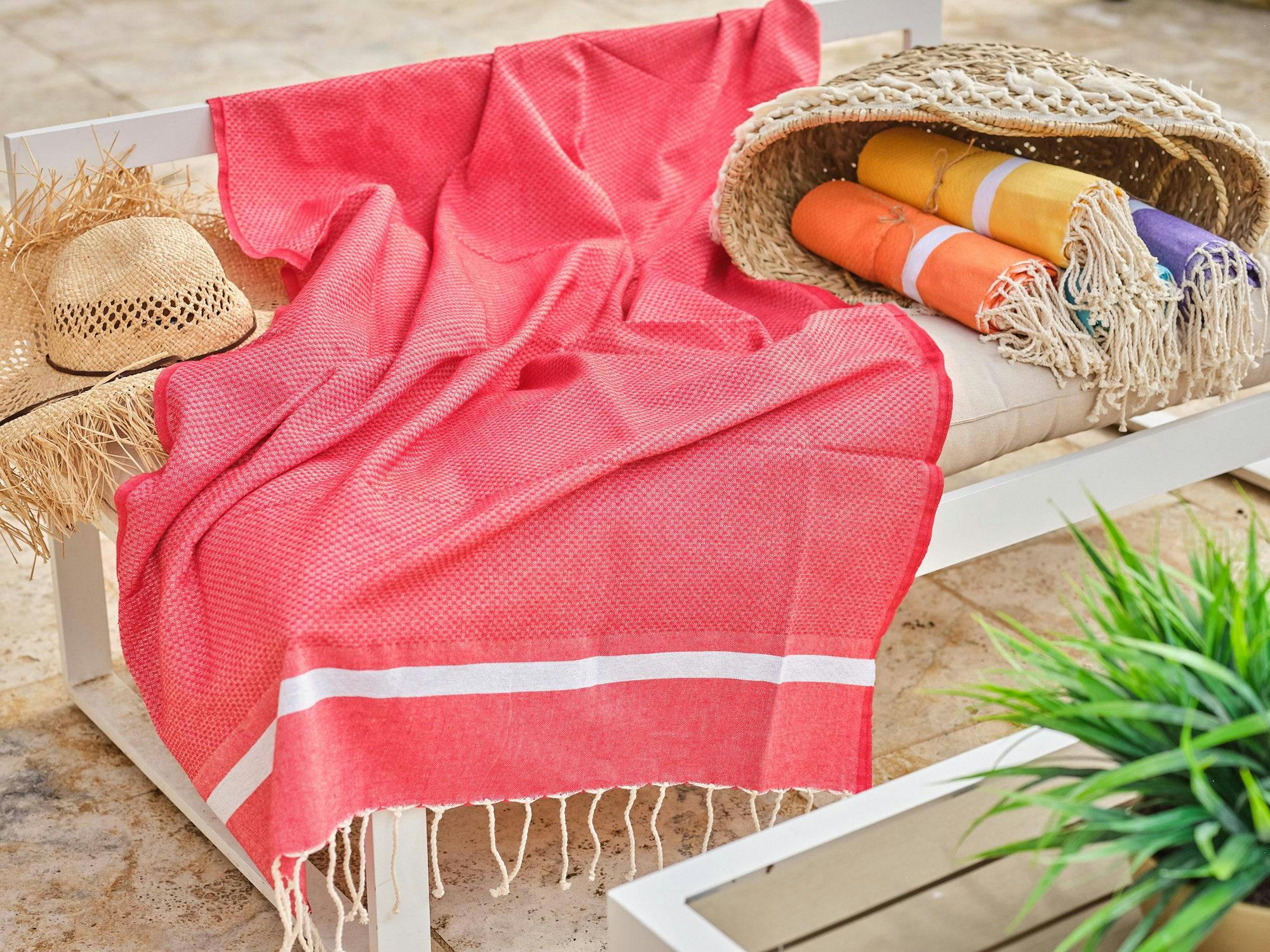 - Fouta en coton tissage nid d'abeille 100x200cm rouge