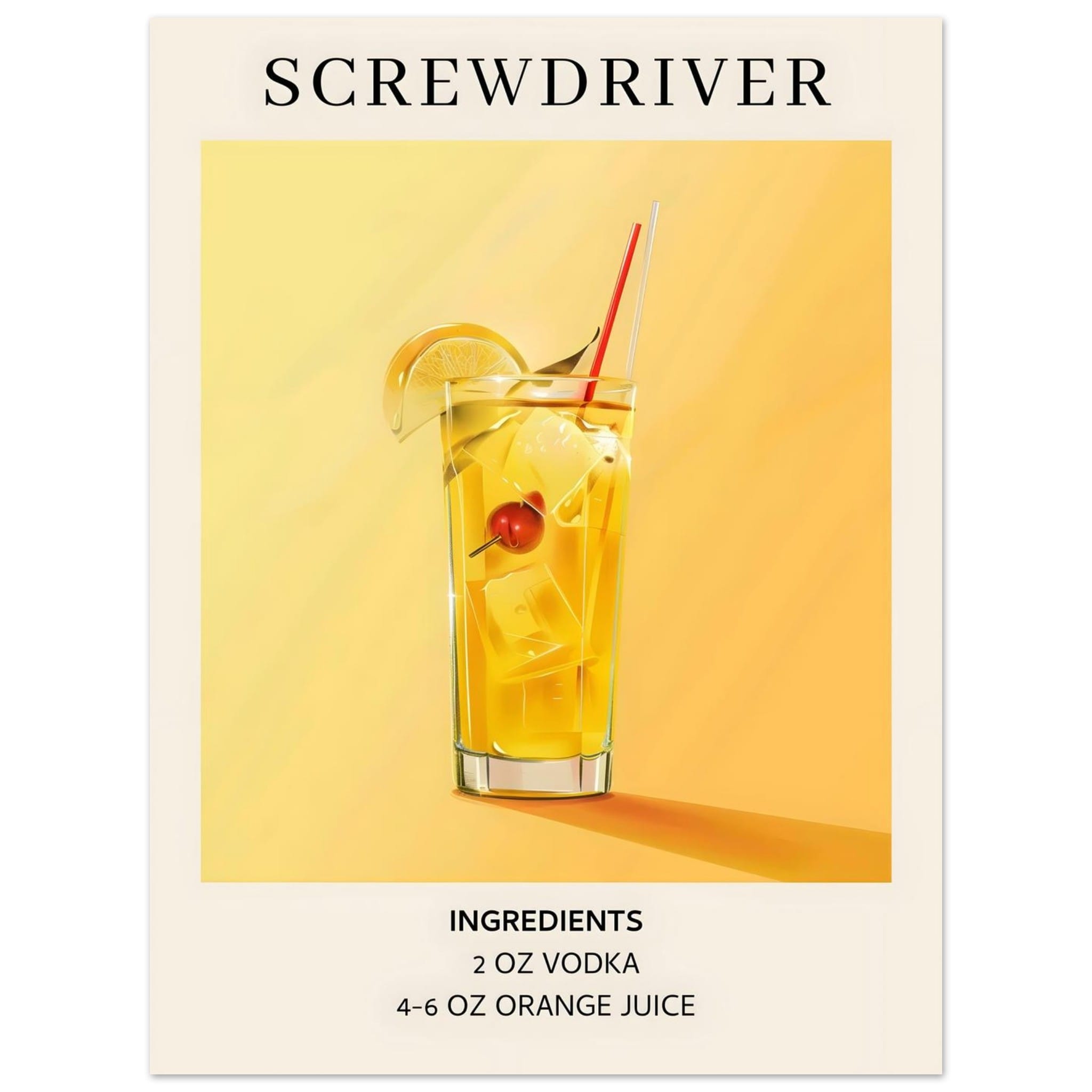 Artfulprints Poster Screwdriver cocktail - Ingrediënten  - 30x40 cm - Geel