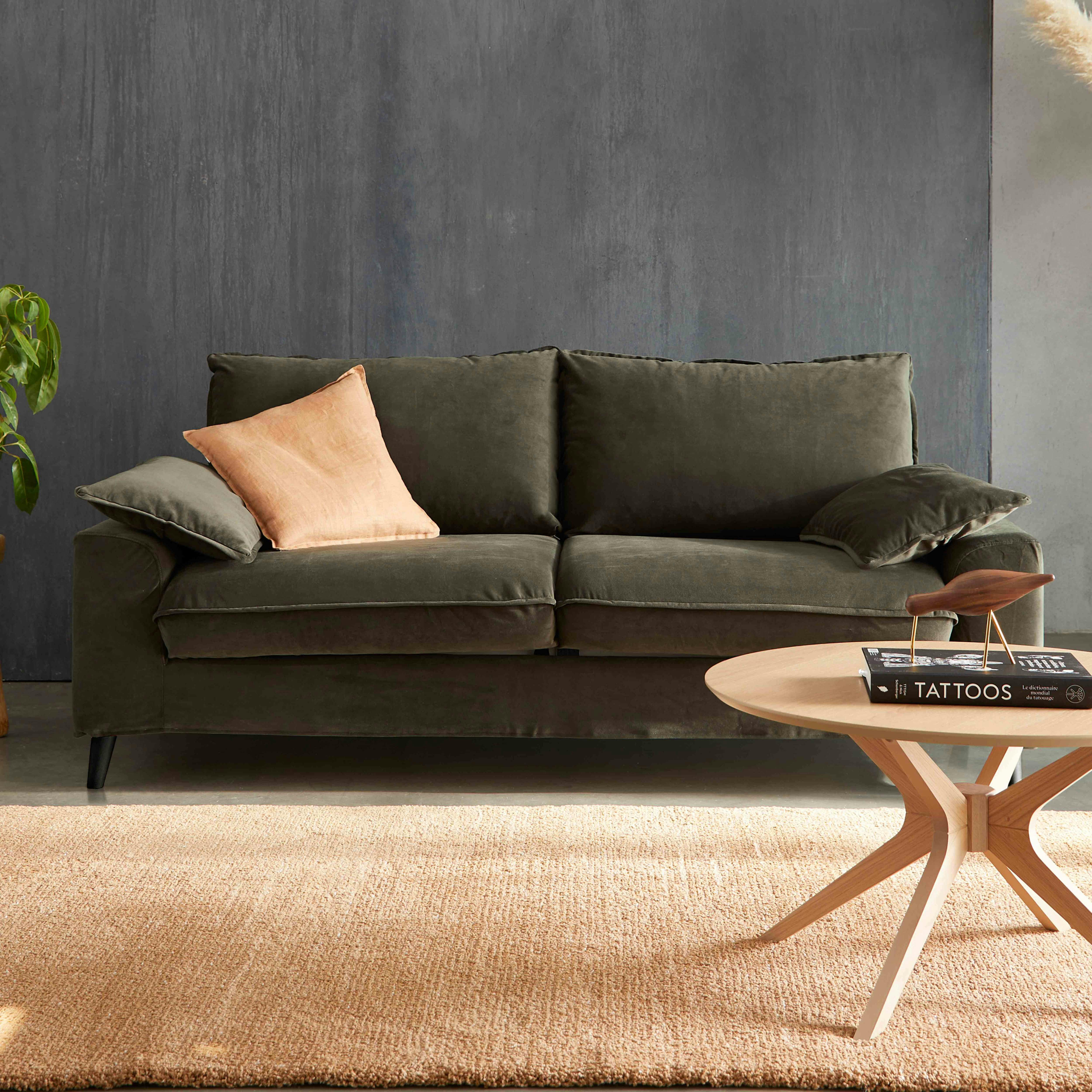 JAROD - Canapé convertible en velours 3 places vert kaki