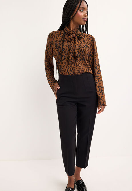 Womens Brown Animal Print Pussy Bow Blouse