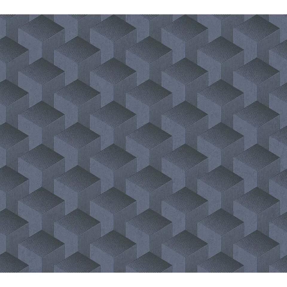 Livingwalls behang grafisch motief blauw en zwart - 53 cm x 10.05 m