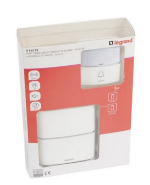Kit Serénité carillon et sonnette sans fil Legrand 30 mélodies   MP3 alimentation par piles - blanc