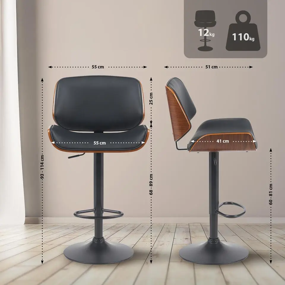 CLP Barkruk Beverley zwart Frame - Metaal - walnoot/zwart