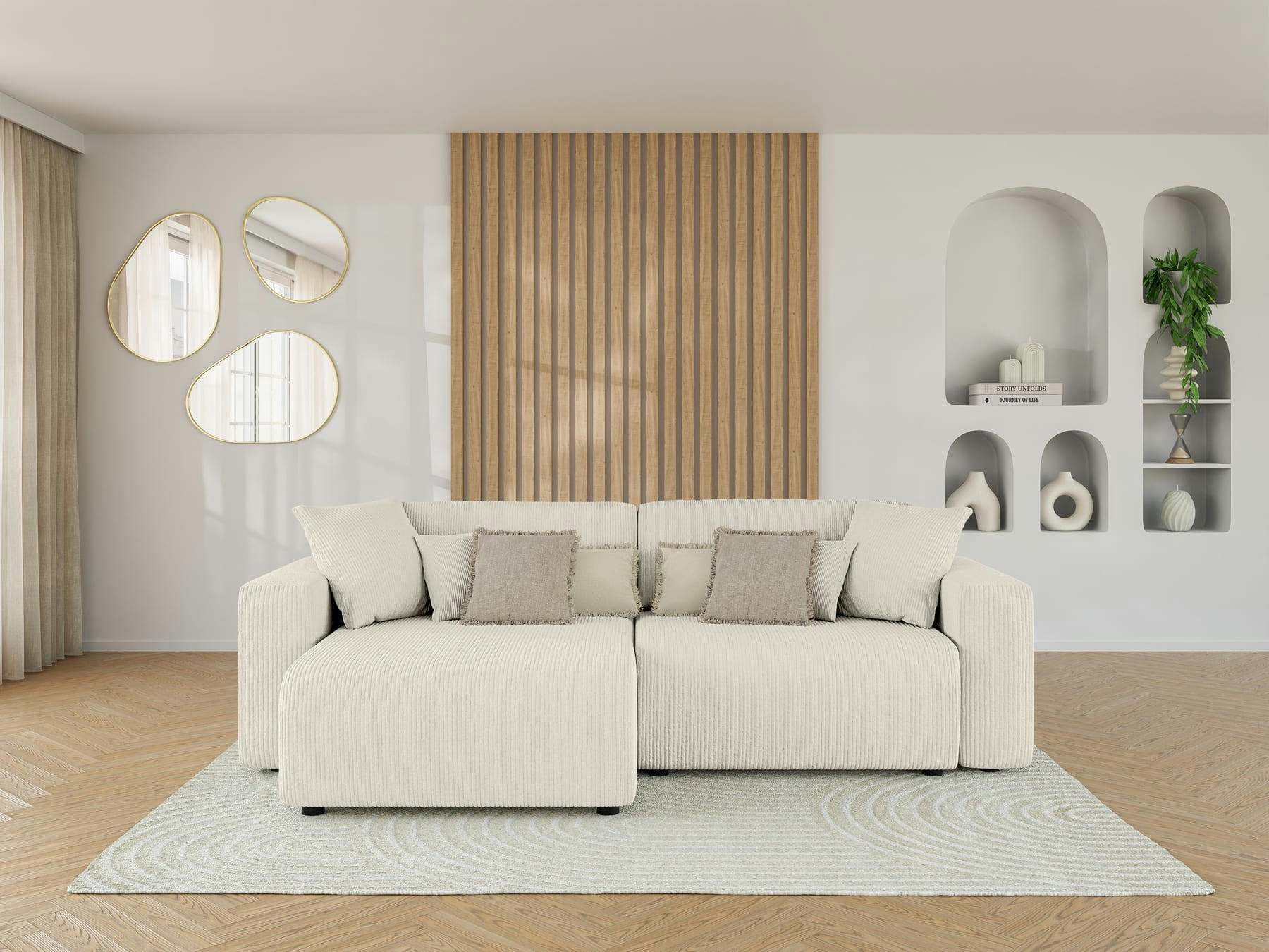 LEO - Canapé d'angle convertible en velours côtelé 4 places beige