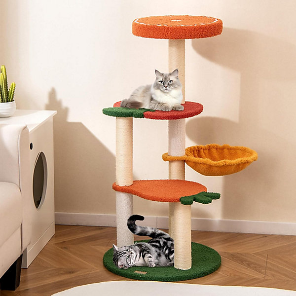 Arbre à Chat Style Fruits,avec Griffoirs en Sisal, Plates-Formes, Perchoir avec Coussin Doux, Panier Latéral Rotatif, pour Chats