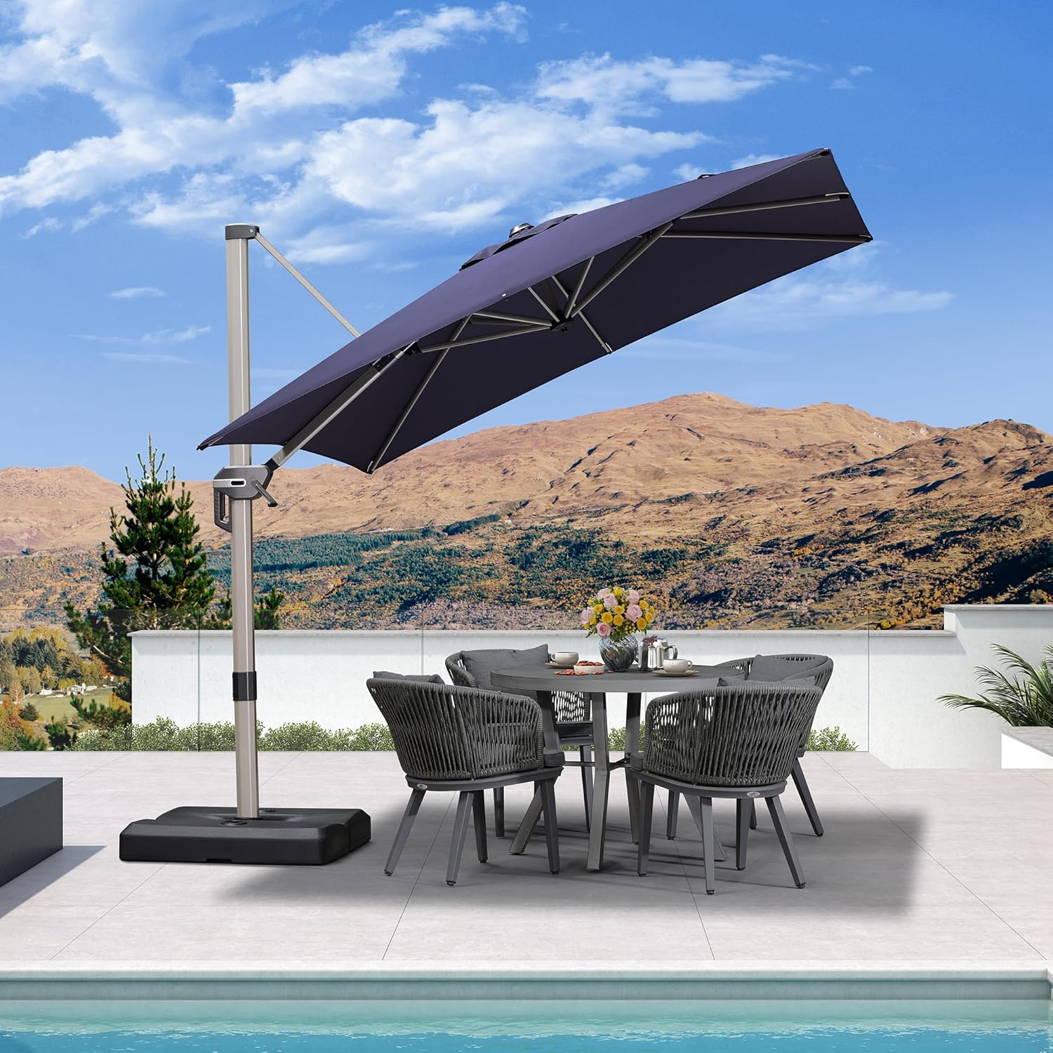 PURPLE LEAF 8’ X 8‘ Patio Umbrella Outdoor Cantilever Umbrella, Aluminum Offset Umbrella with Champagne Frame and 360° Rotation for Pool Deck Garden, Navy Blue