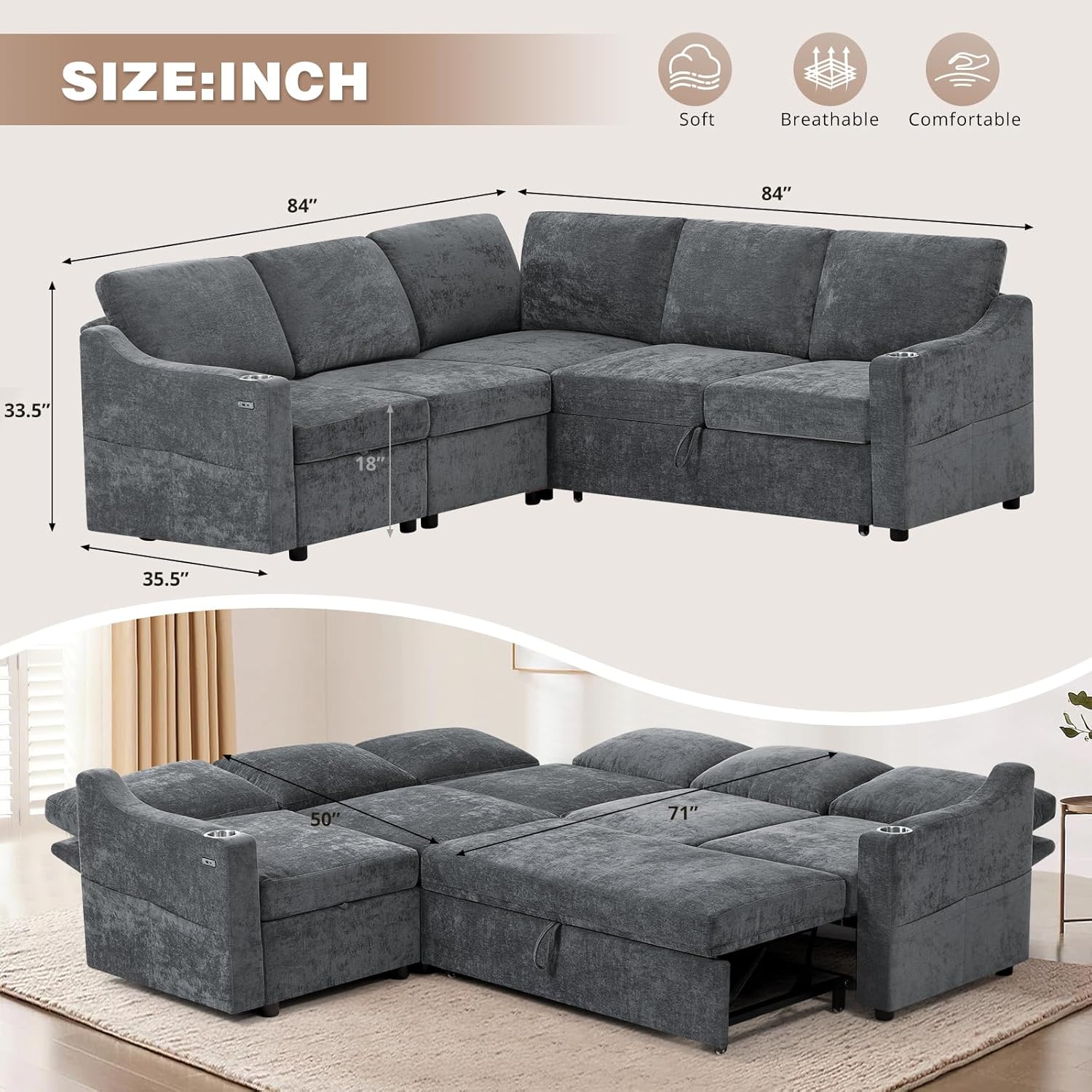 84 Chenille Modular Sofa Bed w/Adjustable Backrests, L-Shape Sleeper Sofa w/USB Ports & Storage Space, Convertible Corner Sectional Couch w/Pull Out Bed for House, Living Room, Grey