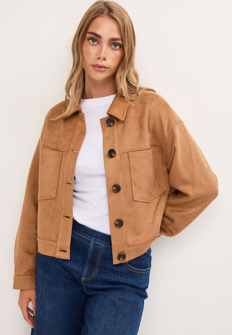 Womens Brown Faux Suede Button Up Jacket