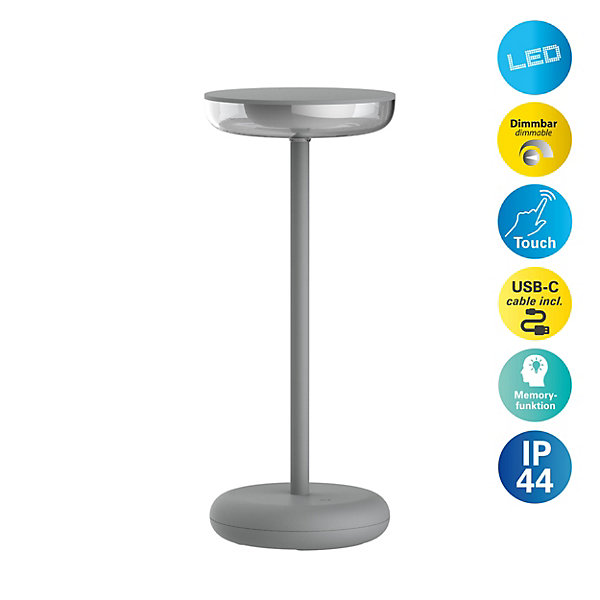 Lampe de table à accu PASI intérieur extérieur métal plastique gris intensité variable tactile fonction mémoire hauteur 26cm