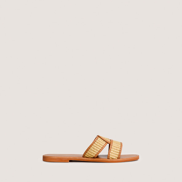 Nu-pieds à brides largesen raphia beige et cuir camel | WAVA