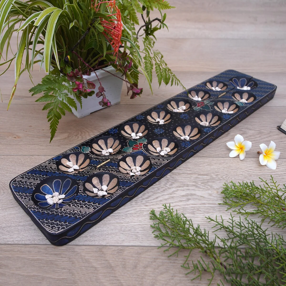 Novica Handmade Spirited Game In Blue Batik Wood Mancala Game