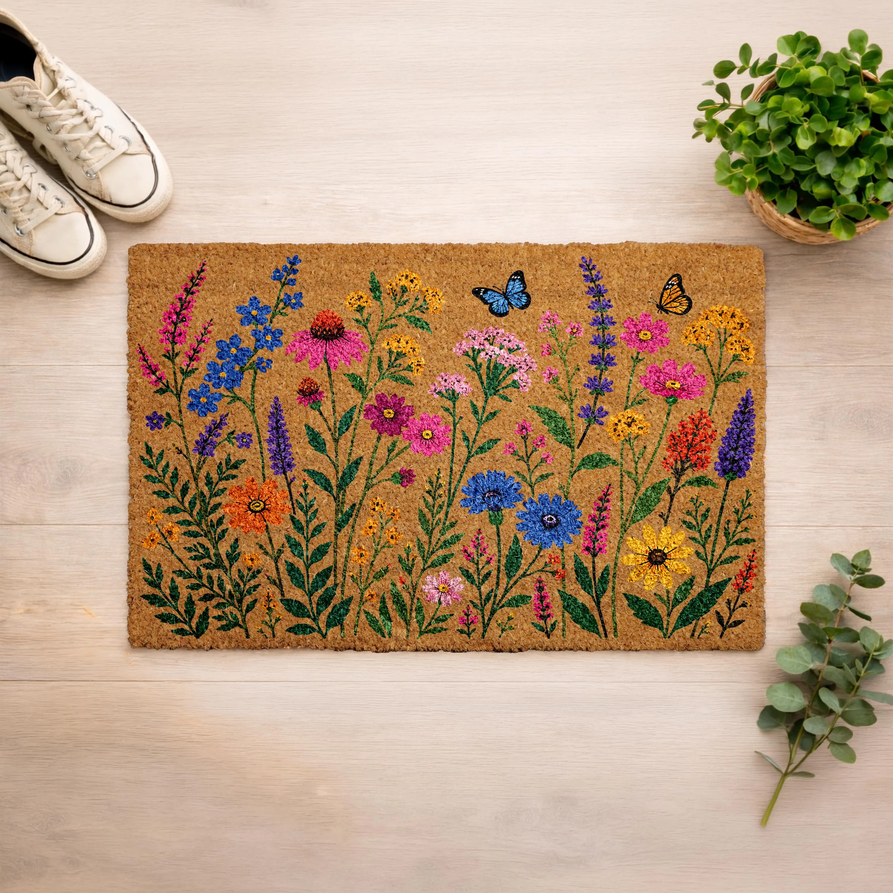 Colorful Wildflower Doormat, Floral Garden Welcome Mat, Spring Butterfly Door Mat, Botanical Entry Rug, Cottagecore Front Porch Decor