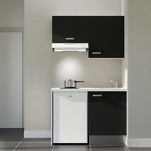 Kitchenette K01 façades Noir - Plan de travail Blanc - Crédences : Non - Evier inox - Electroménager Blanc inclus
