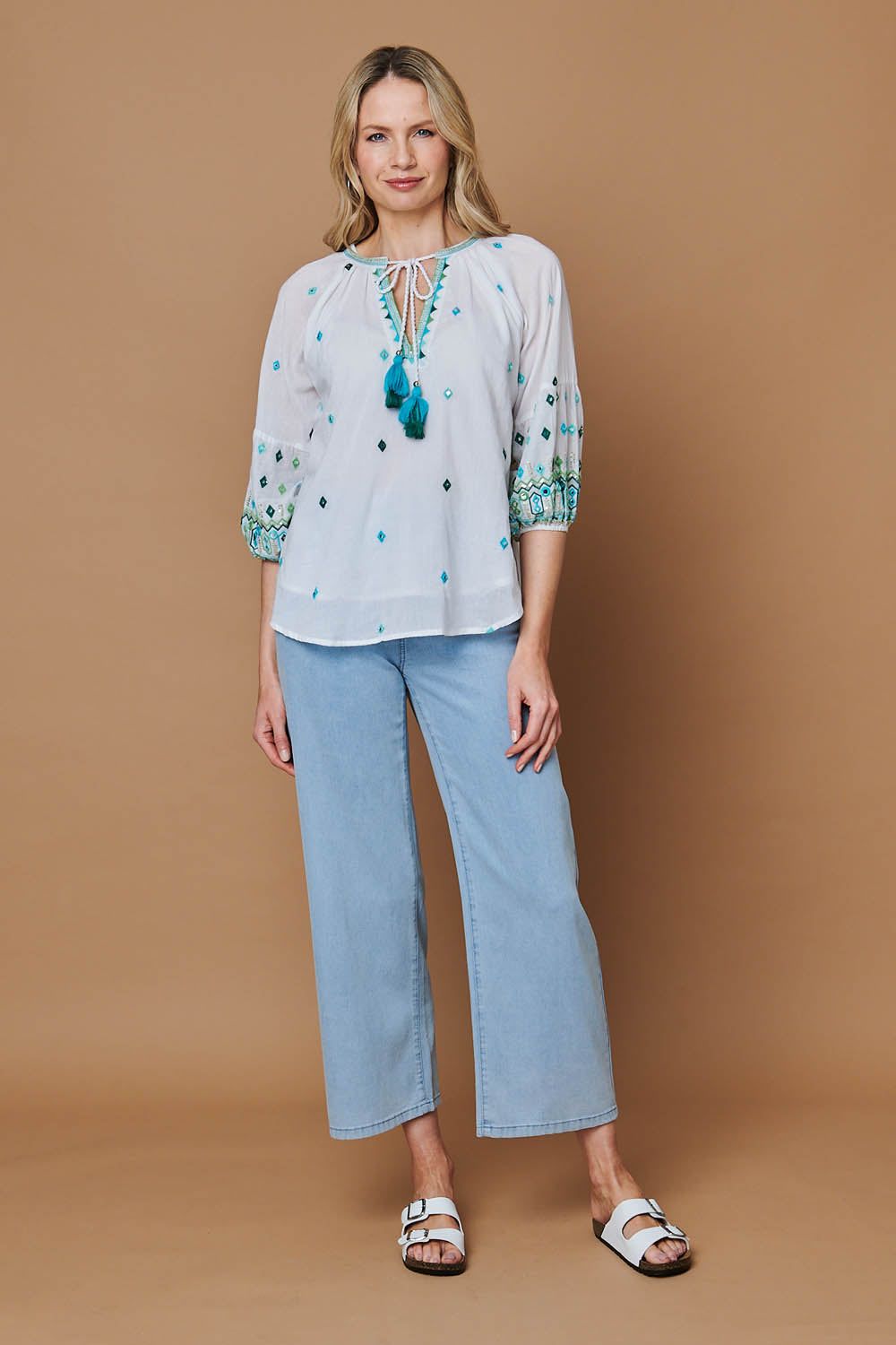 Izabel London Embroidered Tassel Tie Front Blouse