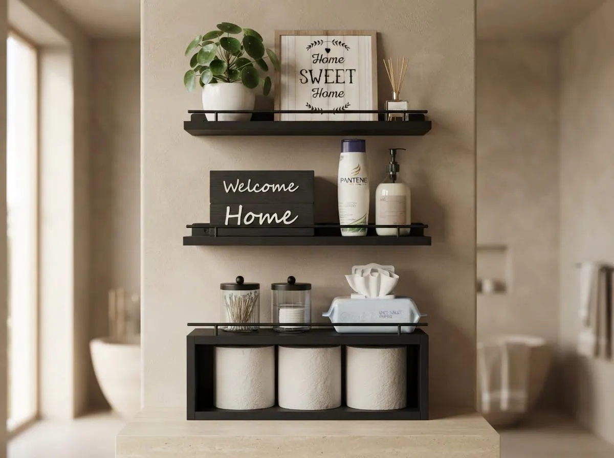 Modern Black Floating Shelves, Engineered Wood & Iron, Bathroom Storage (3-Piece Set)