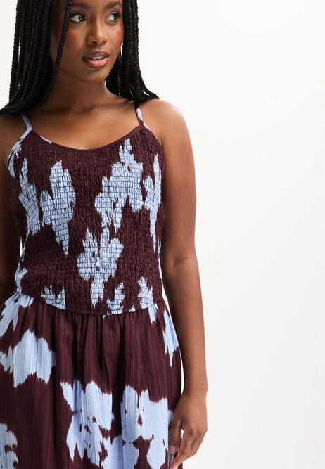 Womens Burgundy Floral Shirred Midi Dress