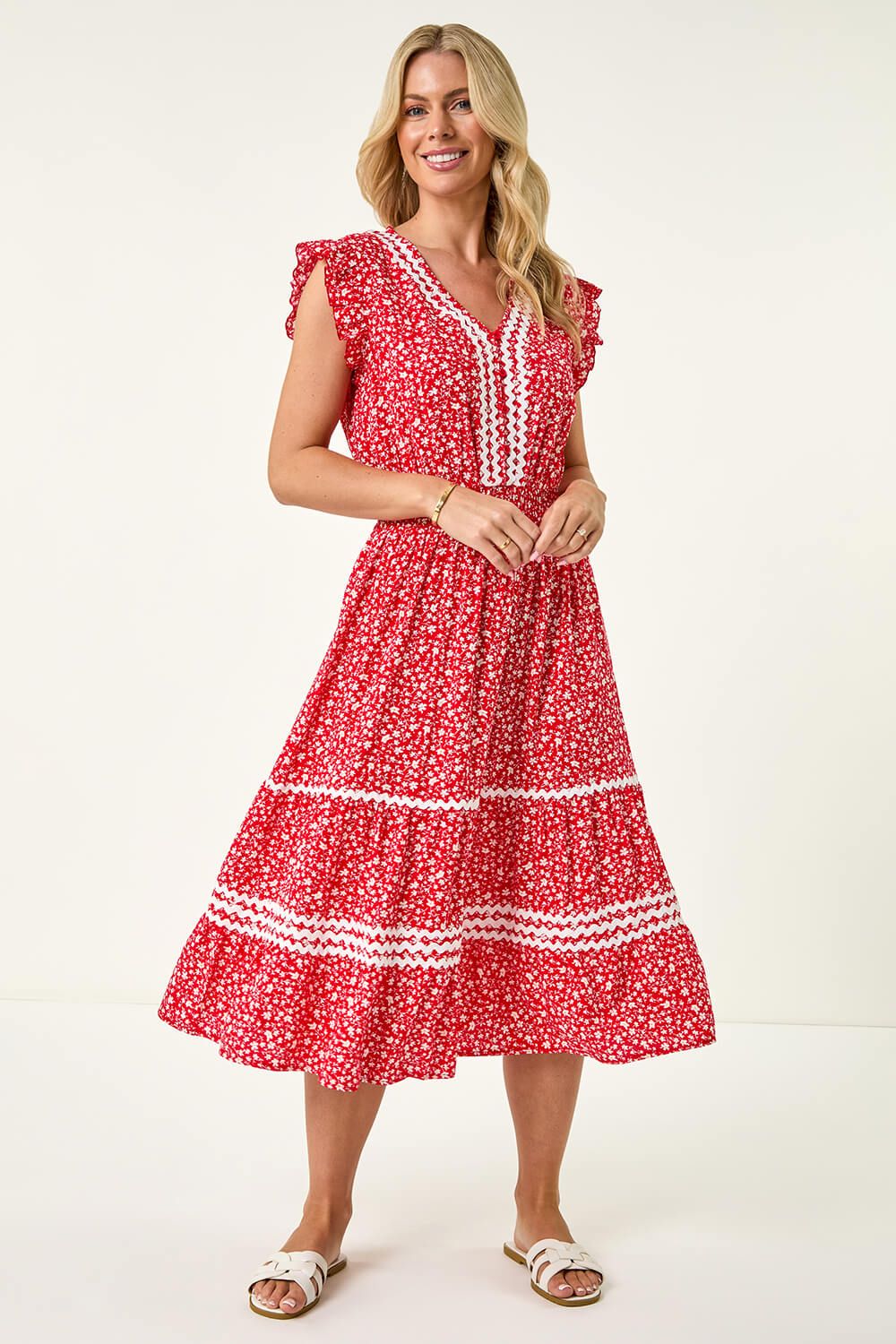 Roman Petite Floral Print Ric Rac Midi Dress