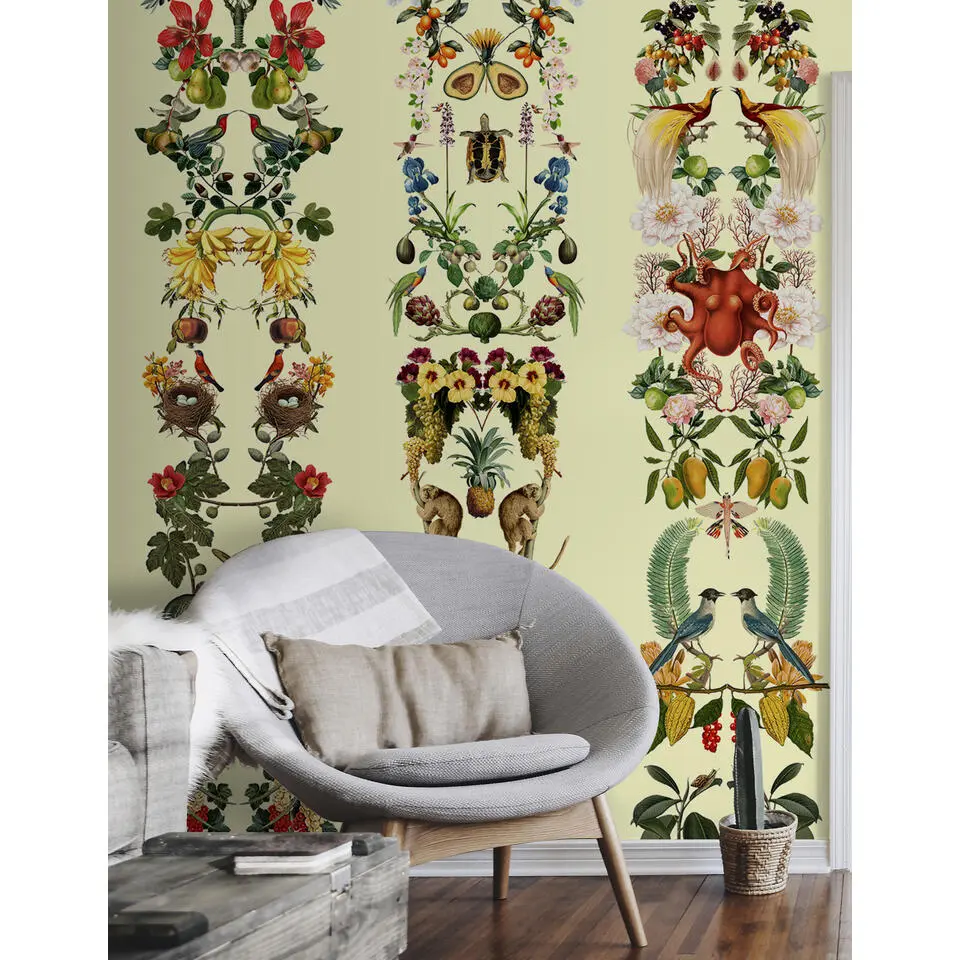 Walls4You fotobehang tropische bladeren en bloemen pastel geel en meerkleurig