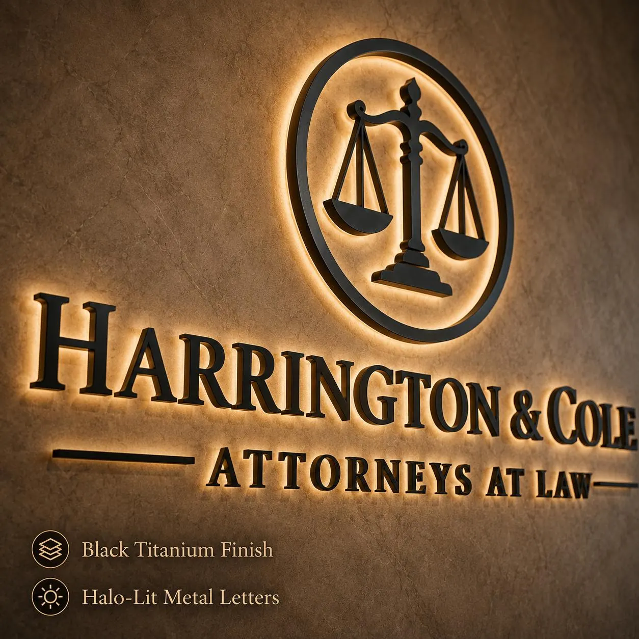 Custom Law Firm Sign, LED Backlit Metal Logo for Law Office Reception Wall
