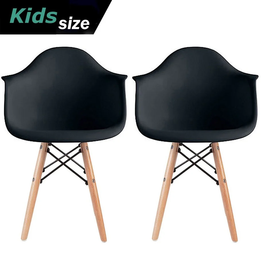 Set of 2 Modern Kids Toddler Size Molded Plastic Armchair With Arma Seat for Children's Room Natural Wood Eiffel Legs