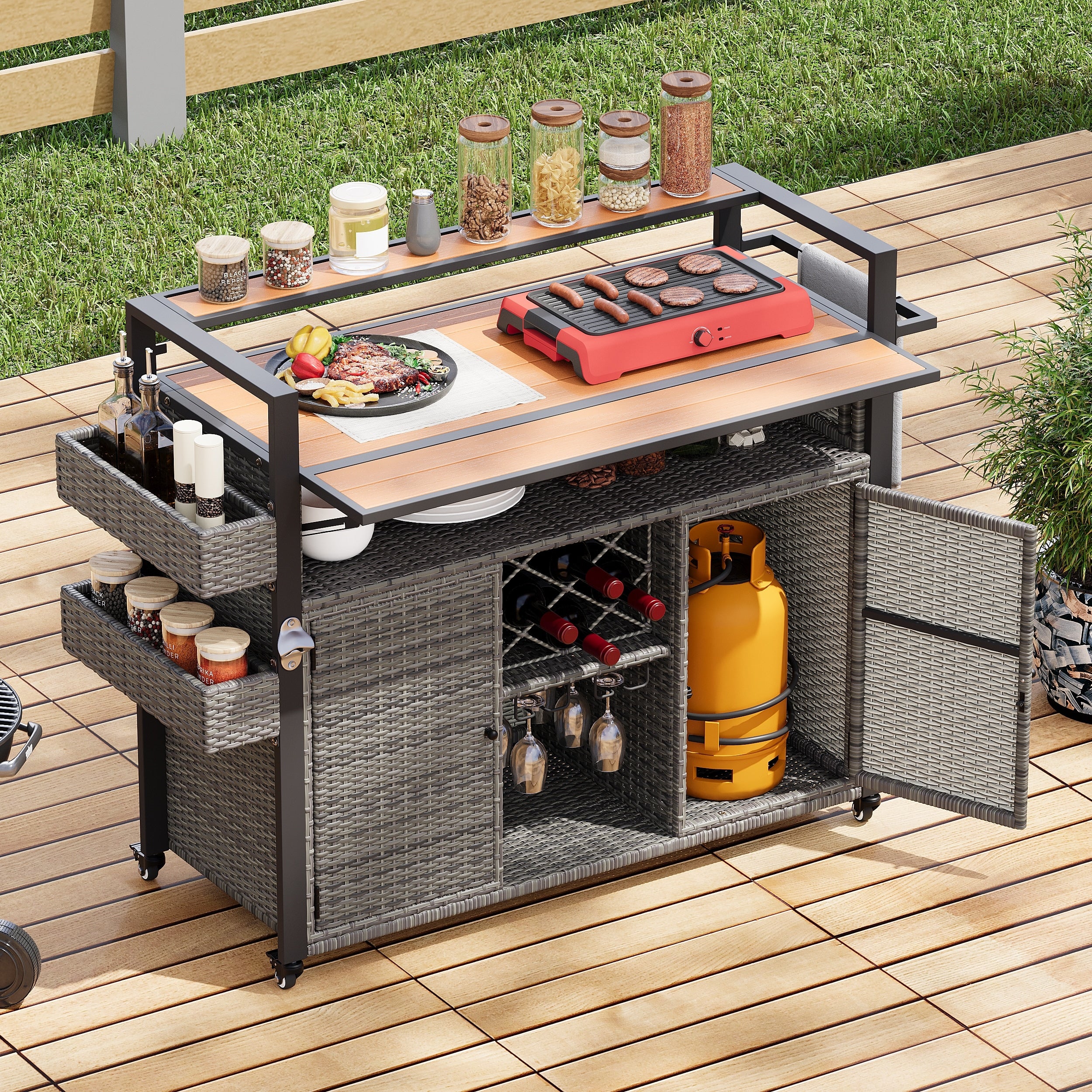 52.8W Wicker Outdoor Grill Cart with Extended Plastic Wood Table Top, Rolling Kitchen Island on Wheels with Storage Cabinet