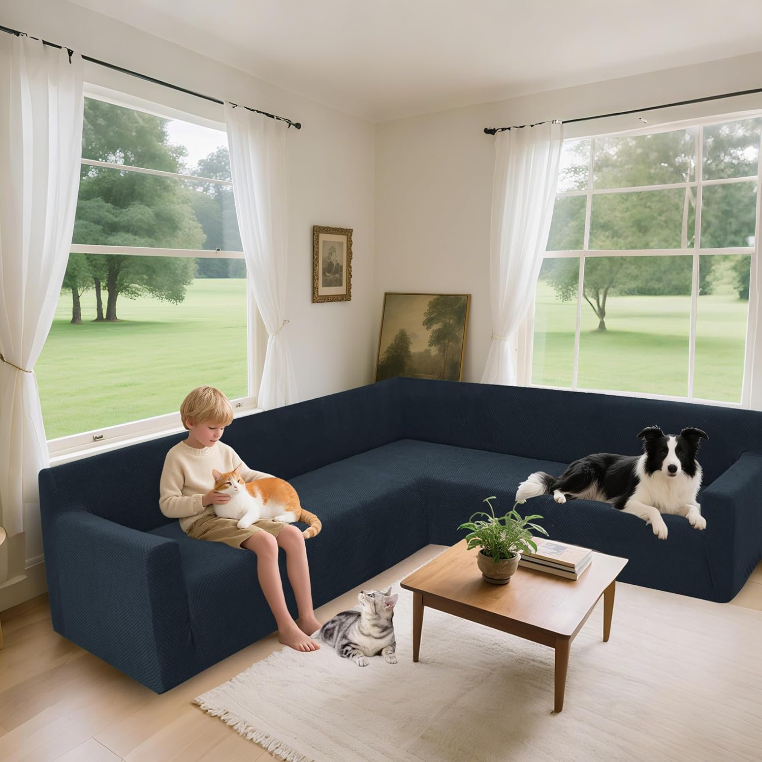 Arfntevss Stretch Sectional Couch Covers L Shaped Corner Sectional Sofa Cover Washable Jacquard Soft Fleece U Shape Sofa Slipcovers Anti Slip Furniture Protector for Dogs Pets (X-Large, Dark Blue)