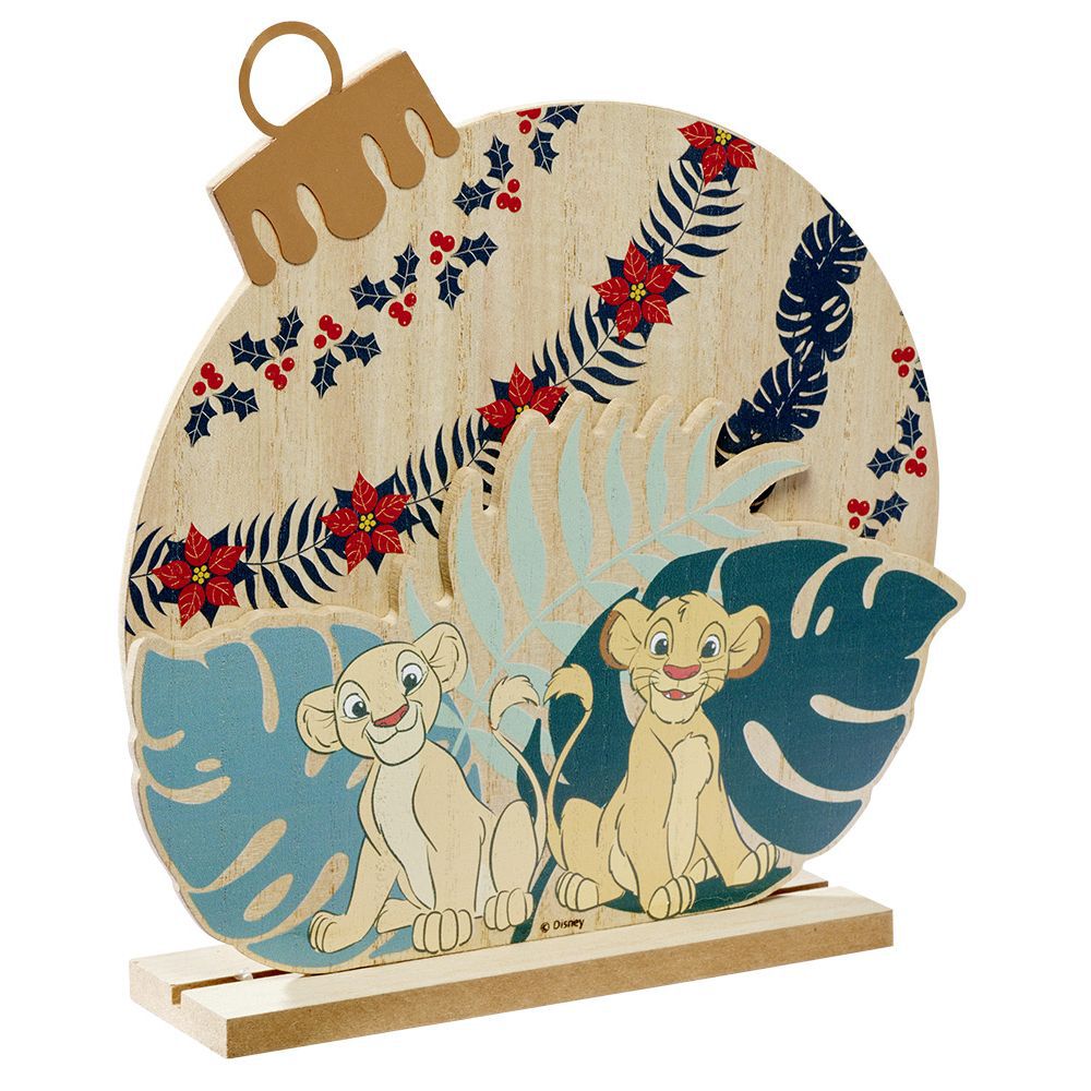 Déco à poser forme boule de No&euml;l plate en bois Le Roi Lion Simba Nala