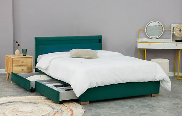 Lit en velours vert avec rangements et led intégrées 160x200 cm ENFIELD
