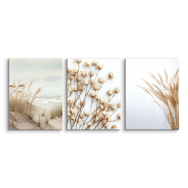 3x Obraz Set Plaża Morze Trawa Pampasowa Kwiaty 30x40cm