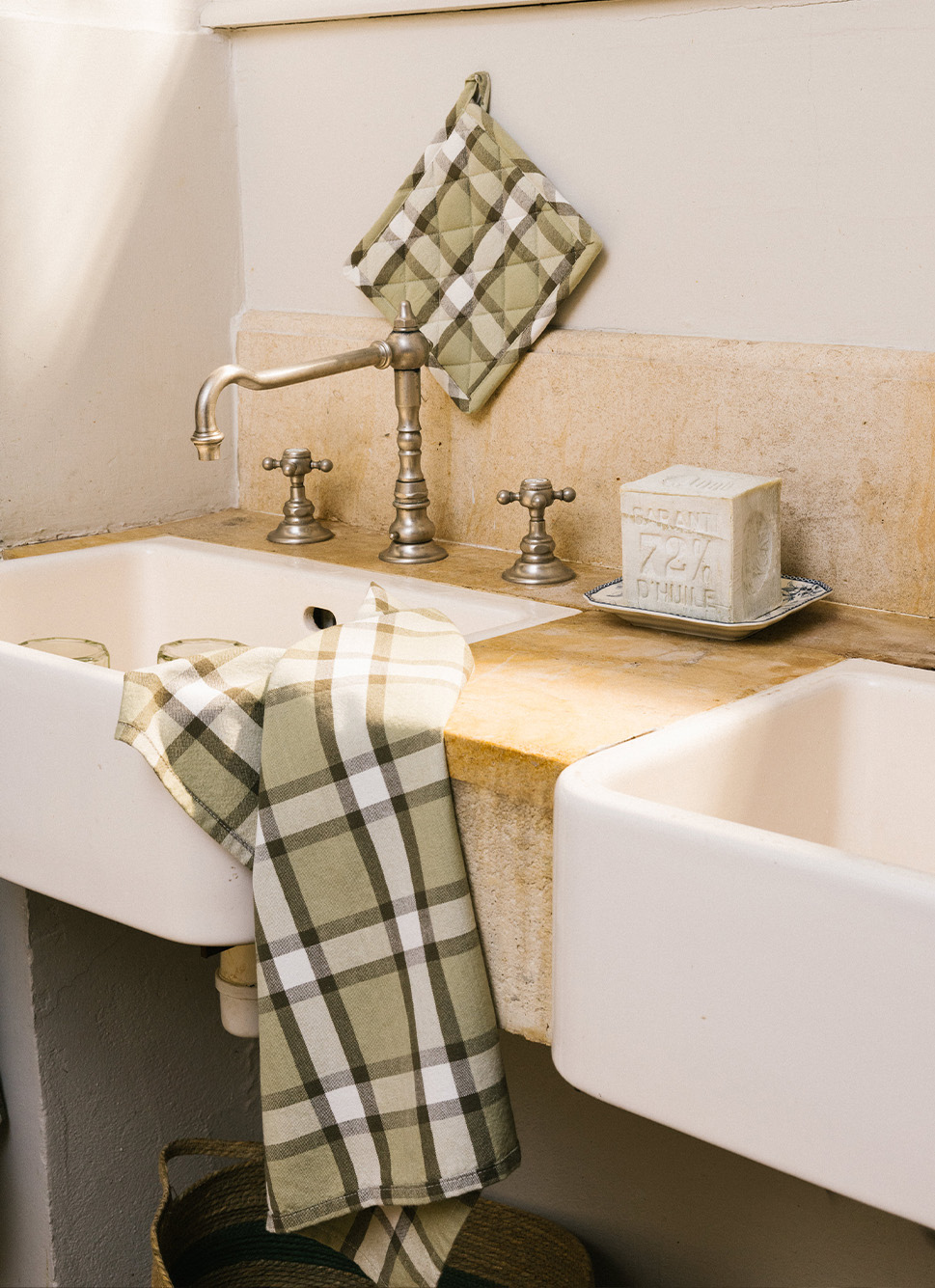 LOT DE 2 TORCHONS à CARREAUX & RAYURES VERT KAKI