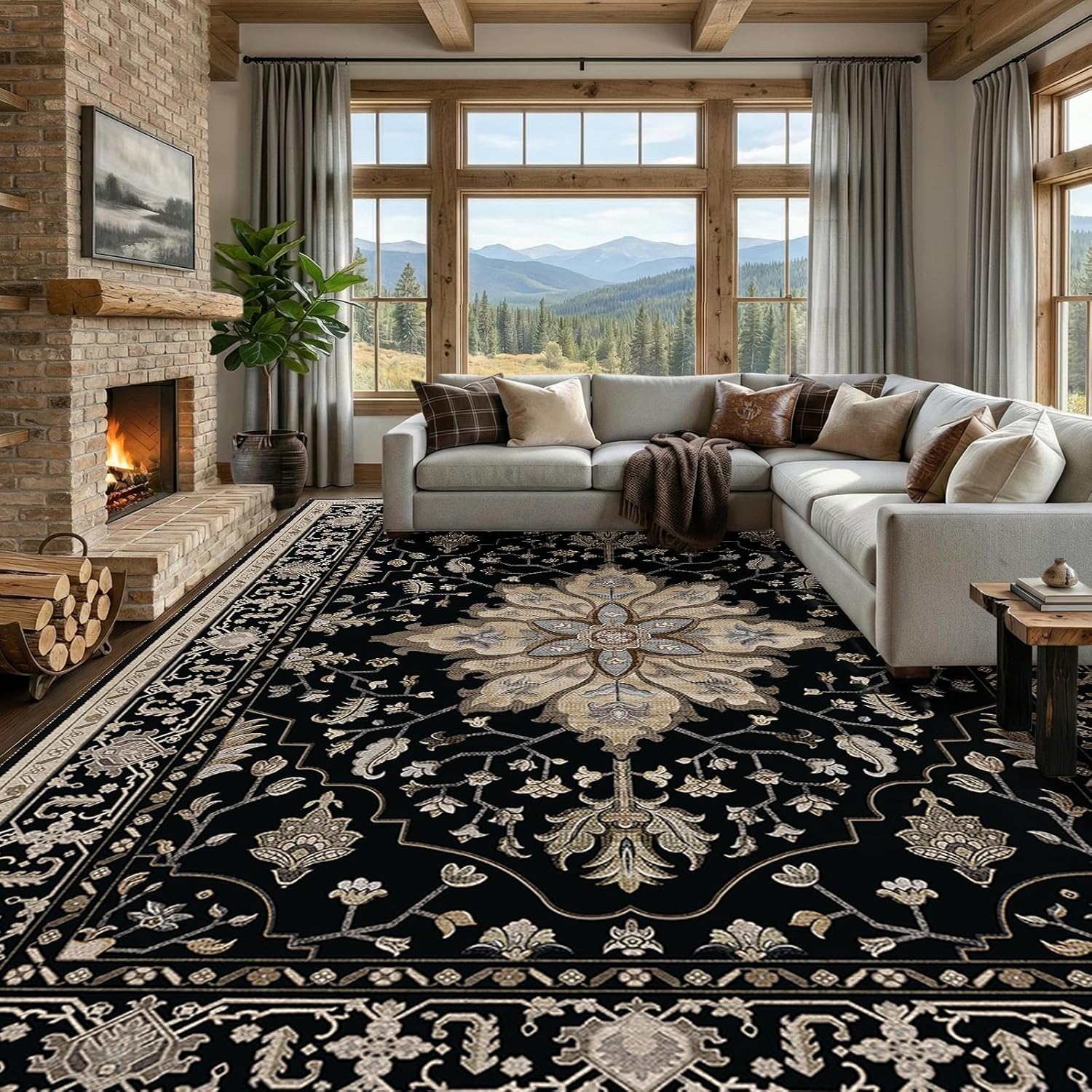 RELEANY Area Rugs 9'x12' Washable Non-Slip, Floral Vintage Distress Print Pattern Medallion Carpet for Living Room Bedroom Dining Room, Black Brown Neutral Dark Tan