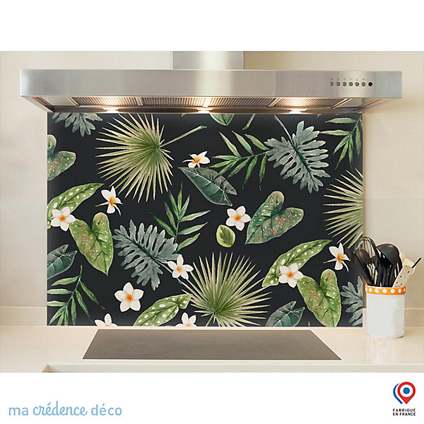 Crédence cuisine fond de hotte feuilles tropicales et aquarelle - Verre trempé - L 90 cm x H 60 cm - MaCrédenceDéco