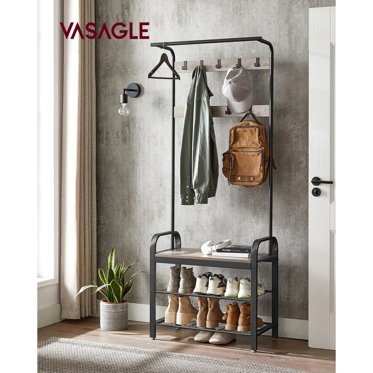 Hall Tree with Shoe Bench, Entryway Bench with Coat Rack, 4-in-1, with 9 Removable Hooks,Hanging Rod,13.3 x 28.3 x 72.1 Inches