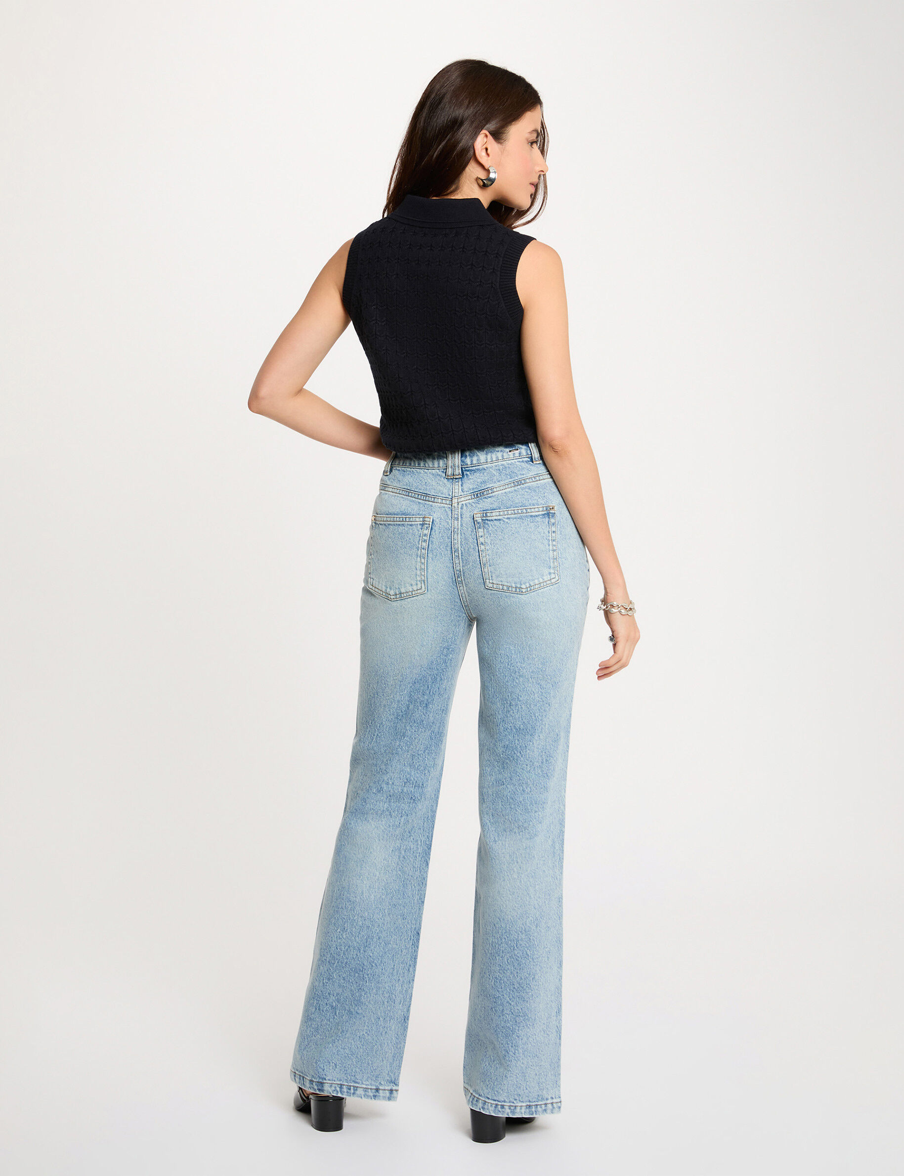 Wide-Leg High-Waisted Jeans Heavy Stone Wash Denim Women
